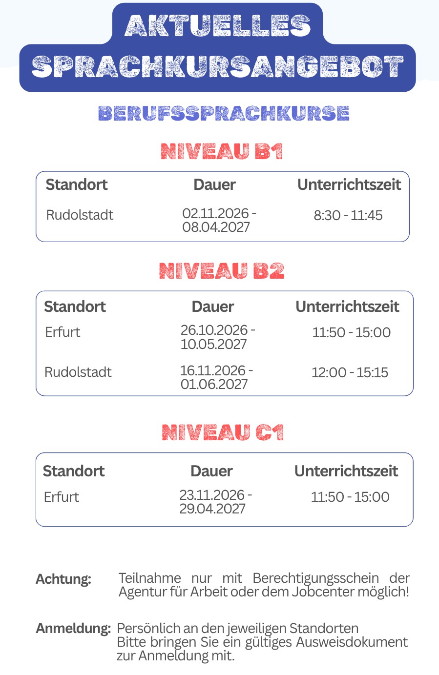 Aktuelles Sprachkursangebot – Berufssprachkurse B1, B2 und C1