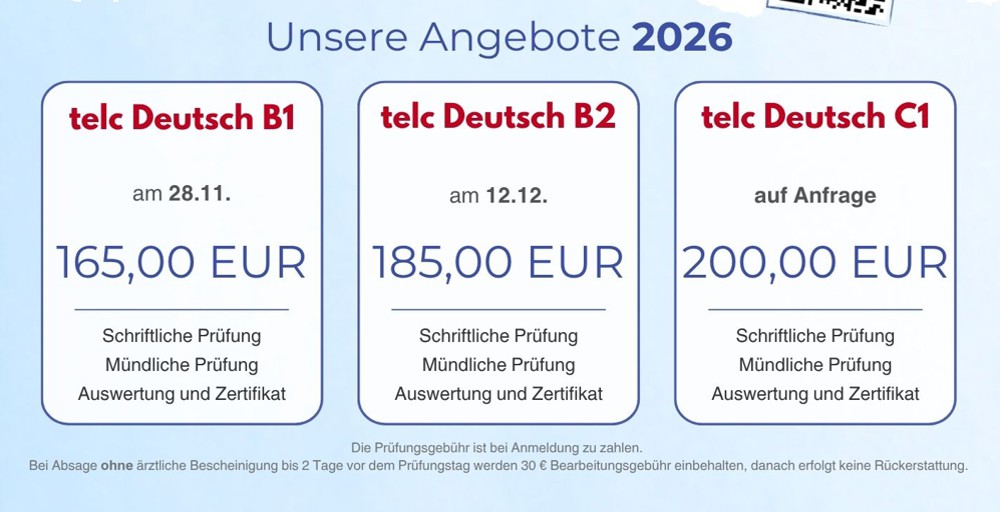 Unsere Angebote 2026 – telc Deutsch Prüfungen B1, B2 und C1